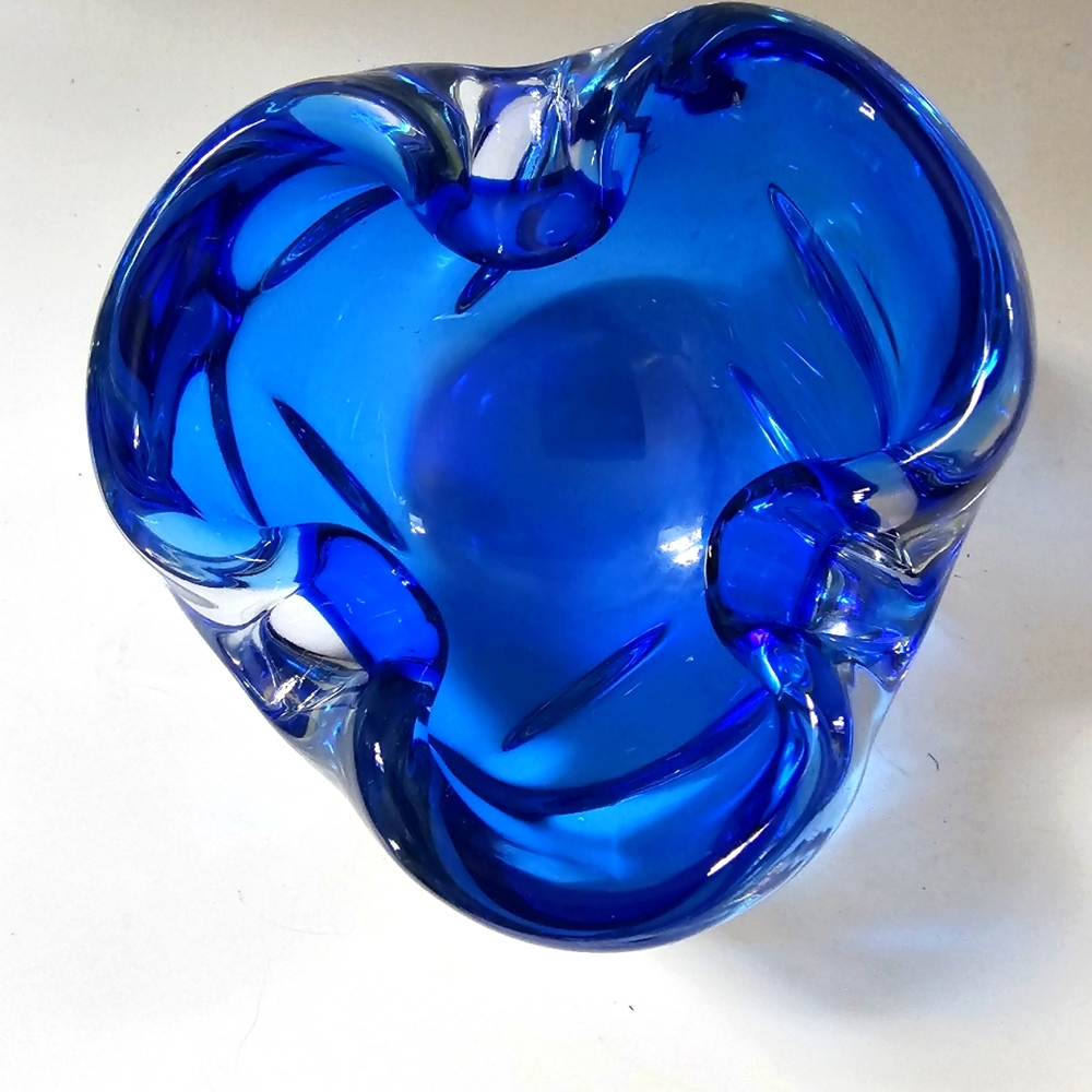 Cobalt Blue Dish Rolled Rim Bowl trinket display art glass ocean blue